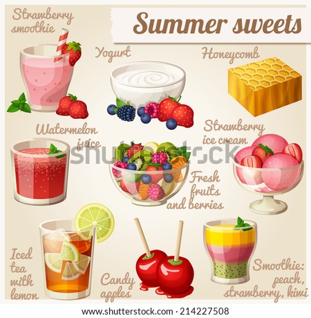 Set of food icons Summer sweets Strawberry smoothie yogurt honeycomb watermelon juice salad strawberry ice cream iced tea with lemon candy apples smoothie with peach strawberry and kiwi Set of food icons Summer sweets Strawberry smoothie yogurt honeycomb watermelon juice salad strawberry ice cream iced tea with lemon candy apples smoothie with peach strawberry and kiwi