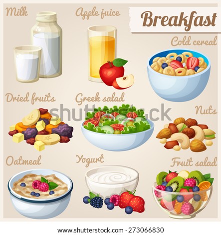 Breakfast 2. Set of cartoon vector food icons. Milk, apple juice, cold cereal, nuts, dried fruits, Greek salad, oatmeal, yogurt, fruit salad.