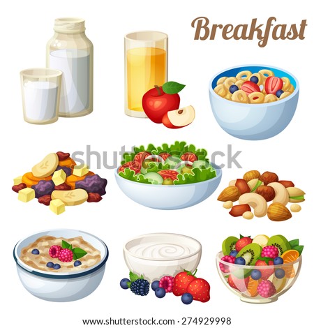 Breakfast 2. Set of cartoon vector food icons isolated on white background. Milk, apple juice, cold cereal, nuts, dried fruits, greek salad, oatmeal, yohurt, fruit salad.