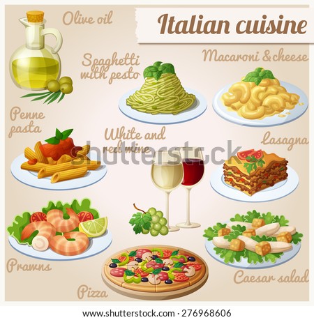 Set of food icons. Italian cuisine. Spaghetti with pesto, lasagna, penne pasta with tomato sauce, pizza, olive oil, macaroni and cheese, red and white wine in glasses, prawns, caesar salad