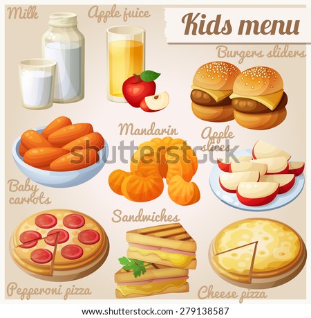 Kids menu Set of cartoon vector food icons Milk apple juice burger sliders baby carrots mandarin oranges apple slices pepperoni and cheese pizza grilled sandwich bites Kids menu Set of cartoon vector food icons Milk apple juice burger sliders baby carrots mandarin oranges apple slices pepperoni and cheese pizza grilled sandwich bites
