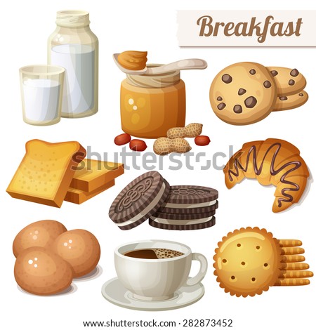 Breakfast 3. Set of cartoon vector food icons isolated on white background. Milk, peanut butter, choc chip cookies, toasted bread, chocolate cookies, croissant, eggs, coffee, crackers