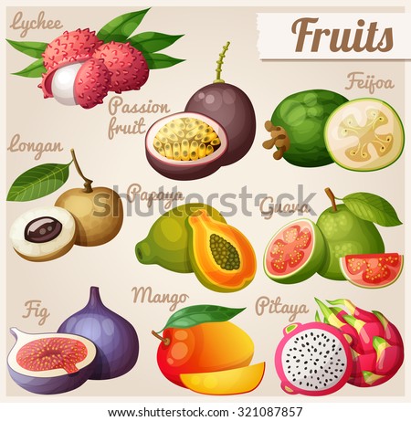 Set of cartoon food icons. Exotic fruits. Lychee (litchi), passion fruit, feijoa, longan, papaya (pawpaw), guava, fig, mango, pitaya (dragon fruit)
