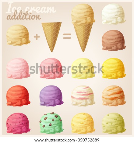 Set of cartoon ice cream icons. Ice cream scoops and waffle cone. Different favors and colors