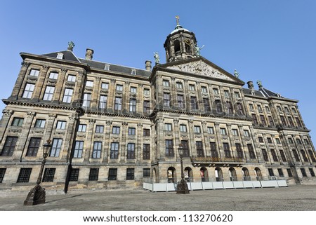 The Royal Palace in Amsterdam. The palace was built as city hall during the Dutch Golden Age in the seventeenth century.