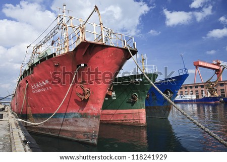 DALIAN-CHINA-NOV. 3, 2012. Old vessels at Dalian Port on Nov. 3, 2012. Lies in Liaoning Province and is the most northern ice-free port in China, covers water area of 346 km2, land area nearly 15 km2.