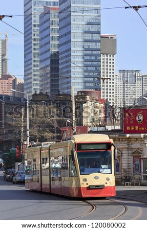 DALIAN-NOV. 26: Tram in Dalian, a Chinese city where are no longer many bicycles. Dalian has an efficient public transport with the country\'s second oldest tram-system on Nov. 26, 2012 in Dalian.