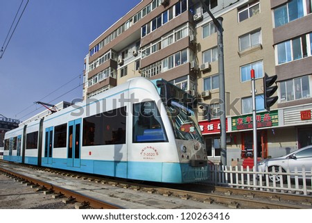 DALIAN-NOV. 27. Tram in Dalian, a Chinese city where are no longer many bicycles. Dalian has an efficient public transport with the country\'s second oldest tram-system. Dalian Nov. 27, 2012.