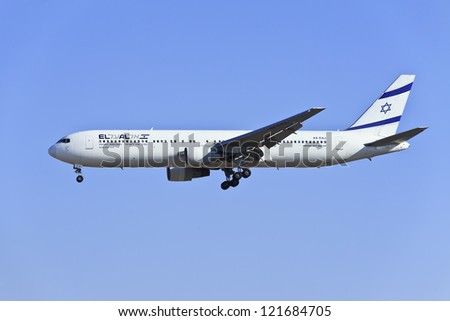 BEIJING-DEC. 9. Boeing 767-330ER, 4X-EAJ from El Al Israel Airlines landing. A two-engined medium-to-long-range widebody airliner with a capacity of maximum 351 passengers. Beijing, Dec. 9, 2012.
