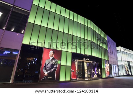Dalian,China-Nov. 7:Prada Outlet At Night In Dalian, Nov. 7, 2012. China Became World\'S Second-Largest Luxury Goods Consumer. Its Total Luxury Goods Consumption Reached $10.7 Billion As At March 2011