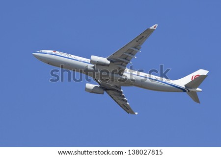 BEIJING-MAY 10. China Airlines Airbus A-330-343X, B-5906 take off. Wide-body twin-engine jet airliner, range 7,400-13,430 KM, accommodate 335 passengers in a two-class layout. Beijing, May 10, 2013.