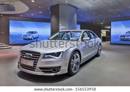 Beijing-April 17. Audi S8 In A Showroom. Audi Cars Remain In High Demand In Us And China. Strong Sales In Those Markets Boosted Audi To New Record For First Eight Months 2013. Beijing, April 17, 2013
