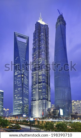 SHANGHAI-JUNE 4, 2014. Ji Mao, Shanghai Tower and Shanghai World Financial Center at Lujiazui. Lujiazui is a national-level development finance and trade zone designated by the Chinese government.