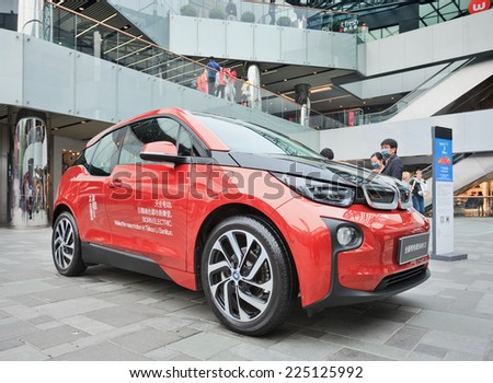 BEIJING-OCT. 19, 2014. BMW i3 in Beijing Taikoo Li shopping area. A five-door urban electric car developed by BMW, their first zero emissions mass-produced vehicle due to its electric power-train.