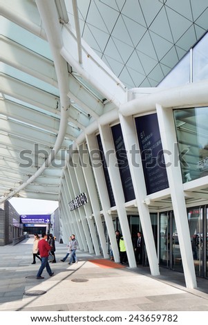 SHANGHAI-DEC. 7, 2014. Entrance Mercedes-Benz Arena. Former World Expo Cultural Center, indoor arena located on former grounds Expo 2010, Pudong, Shanghai owned and operated by AEG-OPG joint venture.