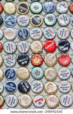 SHANGHAI-DEC. 4, 2014. Beer bottle caps collection. Beer sales in China rose 29 percent between 2006 and 2011 to 50 billion liters, more than double the consumption in the US, the next biggest market.