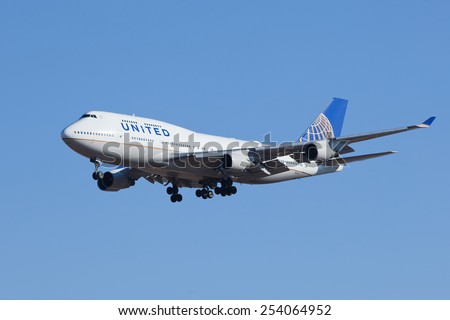 BEIJING-FEBRUARY 18, 2015. United Airlines N174UA, Boeing 747-400 landing. It is the best-selling model of the Boeing 747 family of jet airliners. It can fly 14,200 km non-stop with maximum payload.