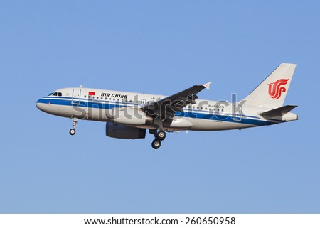 BEIJING-MARCH 13, 2015. Air China B-6023 Airbus A-319-100 landing at BCIA. Airbus A320 family includes A318, A319, A320 and A321, all short to medium range, narrow body, twin-engine jet airliners.