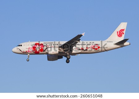 BEIJING-MARCH 13, 2015. Air China B-6610 Airbus A-320-200 landing at BCIA. As of July 2013, a total of 5,677 Airbus A320 family aircraft have been delivered worldwide, of which 5,481 are in service.