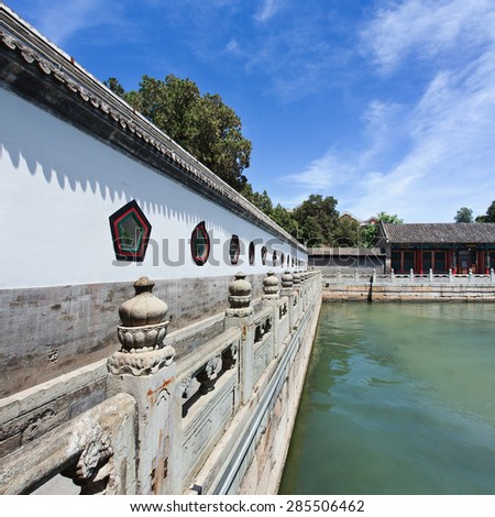 Pavilion of ancient Summer Palace bordering Kunming Lake, Beijing, China