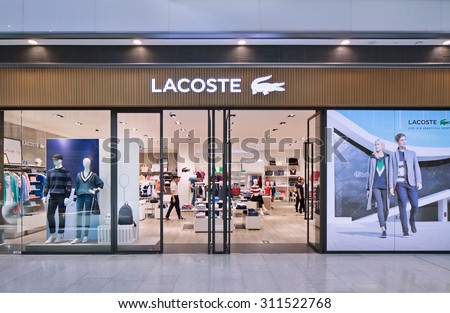 BEIJING-AUG. 21, 2015. Lacoste outlet. Lacoste is a French clothing company founded in 1933, it sells high-end clothing, footwear, perfume, leather goods, watches, eye-wear, and famous polo shirts.