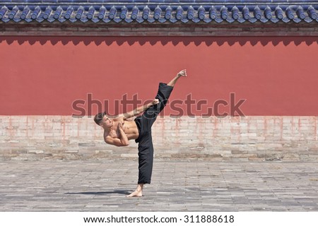 Martial arts master practicing high kick technique at Temple of Heaven, Beijing, China