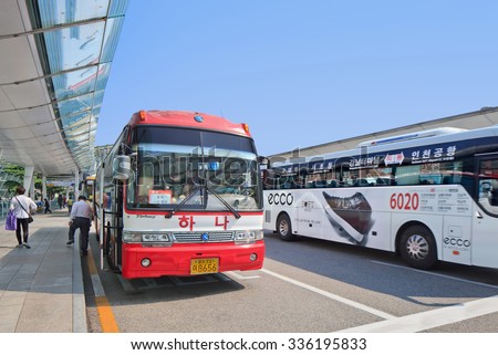 SEOUL-SEPT. 22, 2015. Shuttle bus at Incheon International Airport. It is South Korea\'s largest airport, the primary airport serving Seoul Capital Area, and one of the largest and busiest in the world