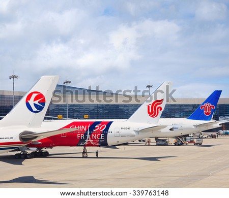 SHANGHAI-MAY 6, 2014. Airplanes from China Eastern, Air China and China Southern Airlines on Hongqiao Airport. First quarter of 2015 traffic from Chinas airlines surpassed 100 million passengers.