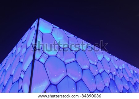 BEIJING - AUGUST 28. Surface of Beijing Olympic Water Cube at night time on August 28, 2011. It hosted swimming  events. Its capacity was 17000m2 and is reduced to 6.000 after the Olympics.