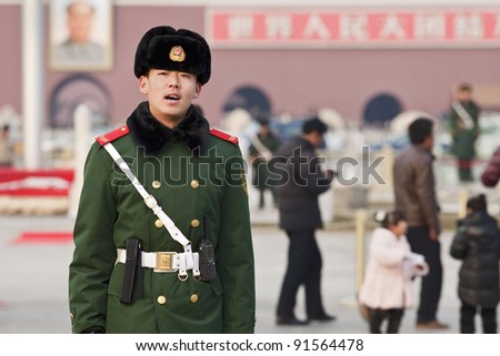BEIJING - DEC. 26. Honor guard at Tiananmen on Dec. 26, 2011. Honor guards are provided by the People\'s Liberation Army at Tiananmen Square for flag-raising ceremony and presence on Tiananmen.