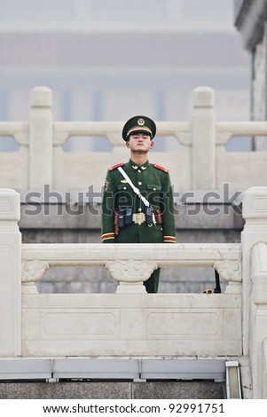BEIJING - NOV. 12, 2007. Honor guard at Tiananmen on Nov. 12, 2007. Honor guards are provided by the People\'s Liberation Army at Tiananmen Square for flag-raising ceremony and presence on Tiananmen.
