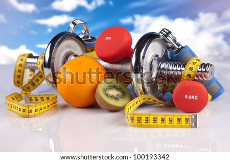 steel fitness dumbbells, hand grip, fruits and colorful strings