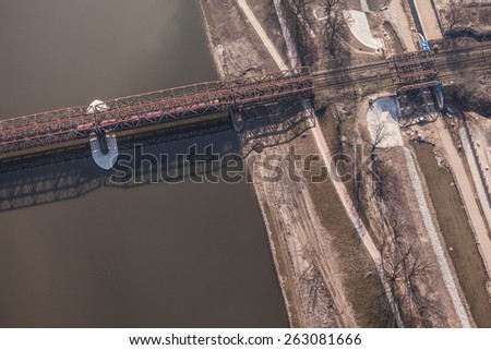 aerial view of railway bridge on odra river in Wroclaw  Poland