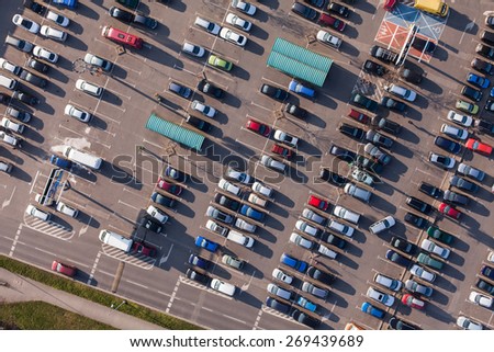 aerial view over crowded  parking lot near supermarket in Poland