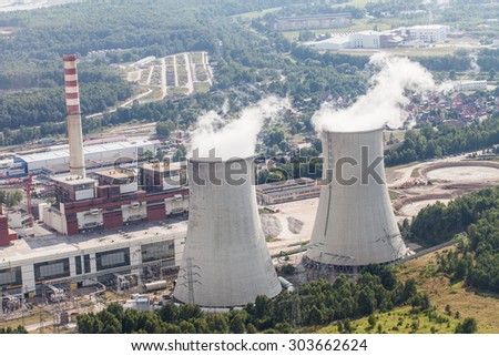 aerial view of coal power plant  cooling towers
