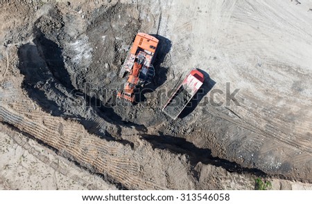 Aerial view of the earth mover in the quarry in Poland