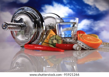 fitness gear, water and fruits