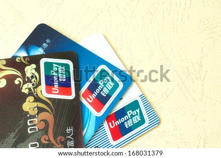 GUANGXI, CHINA - DEC 20: Union pay credit card. Union pay is the only domestic bank card organization in the People\'s Republic of China (PRC). Guangxi, China-Dec. 20, 2013