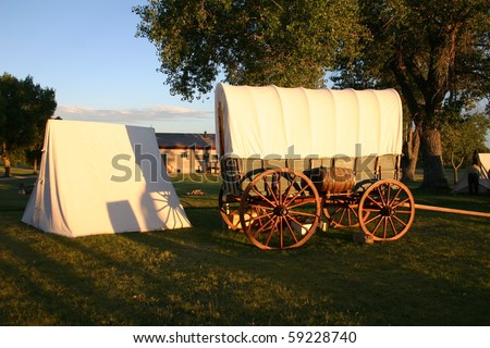 Fort Laramie National Historic Site  Wyoming covered wagons set up to depict a pioneer campsite