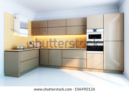 New Kitchen Interior With Brown Lacquer Boxes Facades