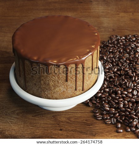 Delicious chocolate vegan cake, coffee beans pile on wooden surface behind grey wall