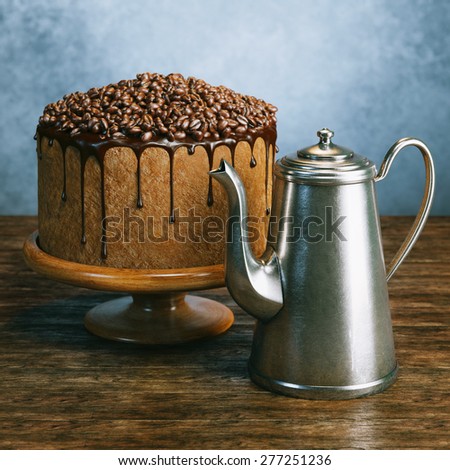 Super chocolate vegan cake with coffee beans on the top and tea kettle on wooden surface behind grey wall background
