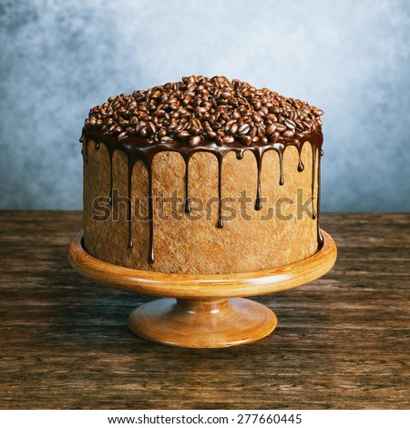 Super chocolate vegan cake with coffee beans on the top on wooden surface behind grey wall background