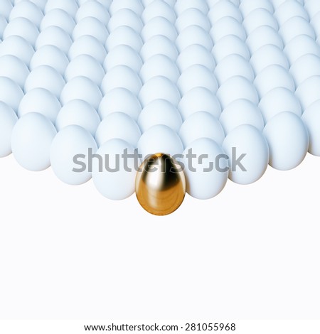 Conceptual picture of numbers of eggs with gold one isolated on white background.