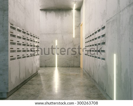minimalistic room with concrete surfaces ( post boxes on two sides view )