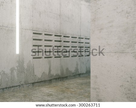 minimalistic room with concrete surfaces ( post boxes view )