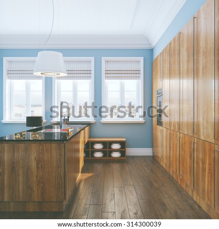 Luxurious wooden kitchen in new blue color room front view