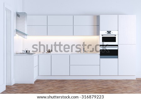 White minimalistic kitchen on wood floor