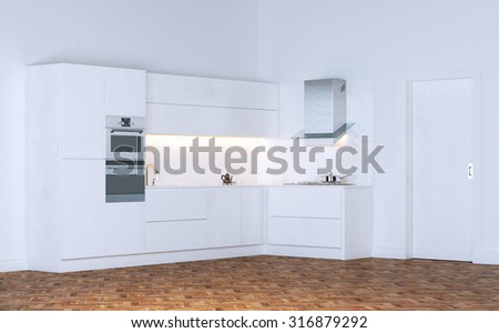White minimalistic kitchen and door on wood floor