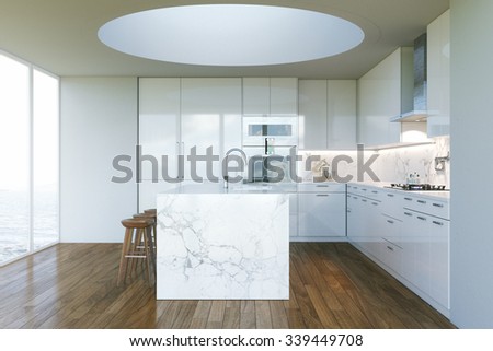 White Contemporary Kitchen in new Interior with beautiful view to ocean beach. 3D render
